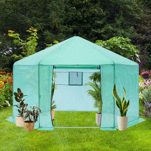 Walk-in Greenhouse Hexagonal Upgrade Reinforced Frame Heavy Duty Plastic Greenhouse Reinforced Thickened Waterproof Insulation 13.1x8.6 Ft
