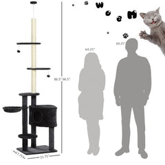 PawHut Adjustable Height Floor-To-Ceiling Vertical Cat Tree With Carpet Platforms, Condo  Rope Scratching Areas, Dark Grey