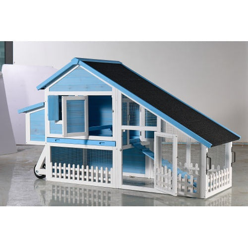76 Wooden Rabbit Hutch Bunny Cage With Waterproof Asphalt Roof, Fun Outdoor Run, Removable Tray And Ramp, Light Blue