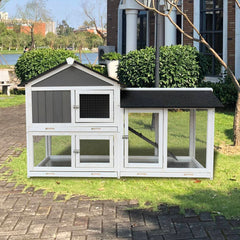 Removable Tray Ramp Wooden Outdoor Rabbit Hutch With Running Cage