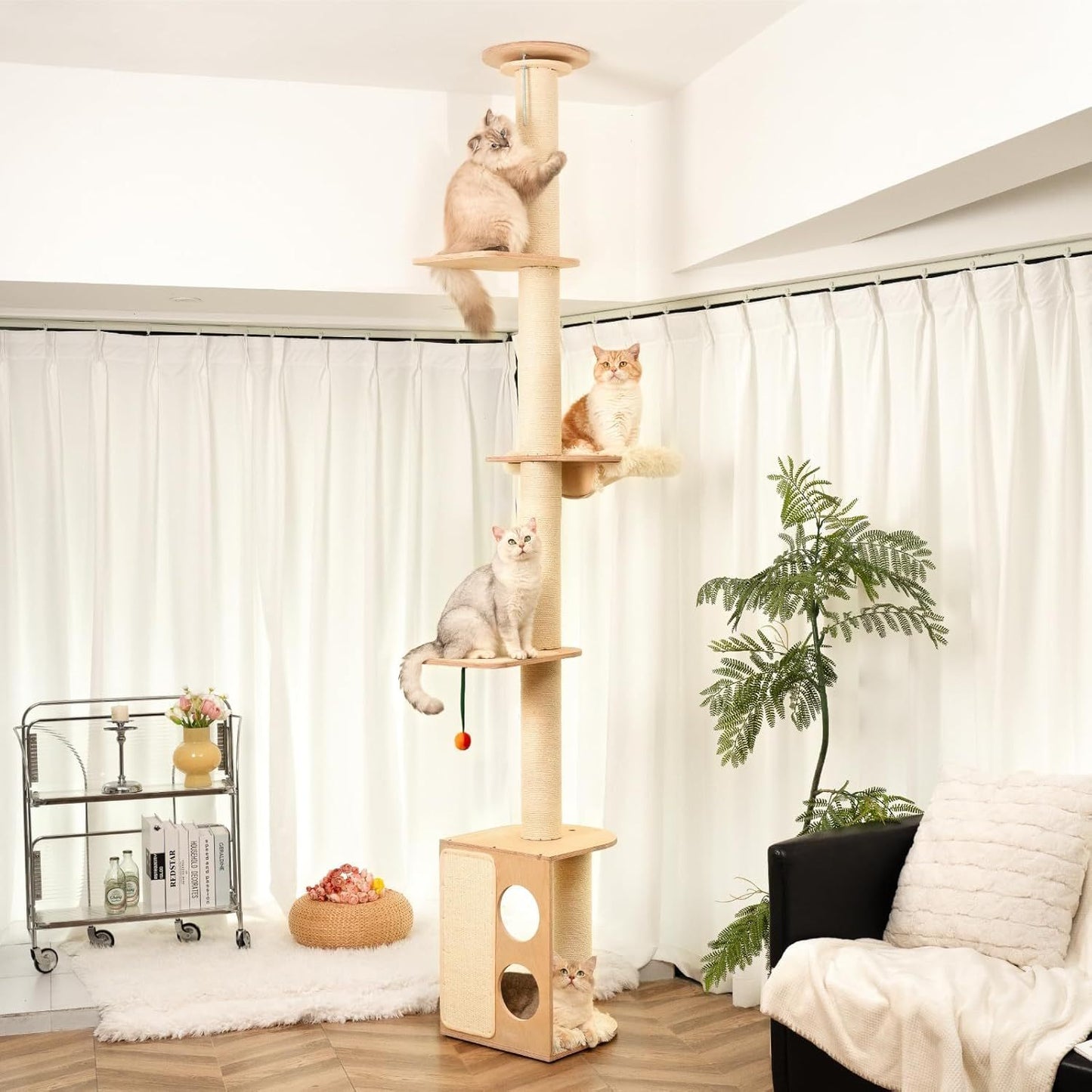 MEWOOFUN Floor-to-Ceiling Cat Tree - 108 Inch Tall Wooden Tower For Large Cats, Multi-Level Climbing & Scratching Post With Perches