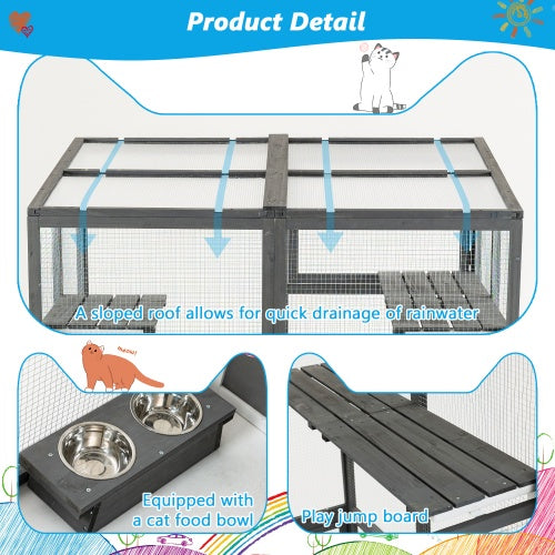 Outdoor Wooden Cat Catio - Large Solid Wood Cat Cage Playpen With 2 Jumping Platforms  7 Napping Houses, Walk-in Cat Kennel Condo Shelter, Grey
