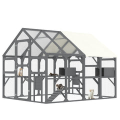 Large Catio Outdoor Cat Enclosure For Multiple Kittens, Wooden Cat House With 5 Platforms, 2 Resting Boxes, 1 Bridge And 1 Ramp, Walk In Kitty Cage Kennel With Sunshine Board Roof, Gray