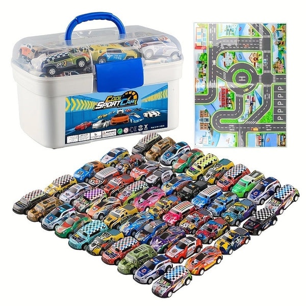 A 50-piece Alloy Toy Car Set With A Storage Box And A Foldable Play Mat, As Well As A Wide Variety Of Combinations, Perfect As An Educational And Entertaining Gift For Children Aged 3 And Up
