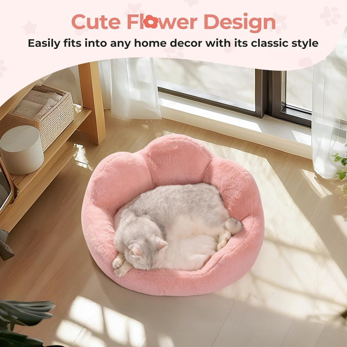 MEWOOFUN Fluffy Cat Couch Bed - Washable Round Pet Sofa With Non-Slip Bottom For Indoor Cats & Small Dogs 23'', Pink
