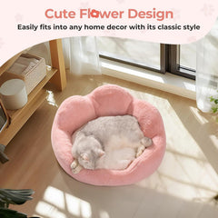 MEWOOFUN Fluffy Cat Couch Bed - Washable Round Pet Sofa With Non-Slip Bottom For Indoor Cats & Small Dogs 23'', Pink