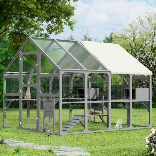 Large Catio Outdoor Cat Enclosure For Multiple Kittens, Wooden Cat House With 5 Platforms, 2 Resting Boxes, 1 Bridge And 1 Ramp, Walk In Kitty Cage Kennel With Sunshine Board Roof, Gray
