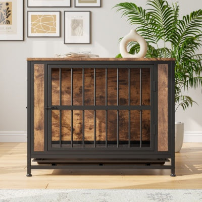 Dog Crate Furniture  Wooden Dog Crate Table 32.8 Dog Kennel With 2 Sliding Doors And Thick Iron Door Frame  Decorative Pet Crate House For Medium Small Dog Indoor Use Rustic Brown
