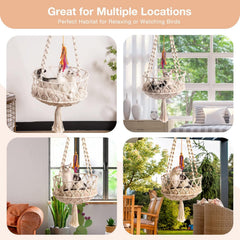 MEWOOFUN Boho Macrame Cat Swing - Handwoven Hanging Bed With Soft Mat & Toy For Indoor Cats, Decorative Hammock For Sleeping & Play Beige