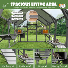 Large Catio Outdoor Cat Enclosure For Multiple Kittens, Wooden Cat House With 5 Platforms, 2 Resting Boxes, 1 Bridge And 1 Ramp, Walk In Kitty Cage Kennel With Sunshine Board Roof, Gray