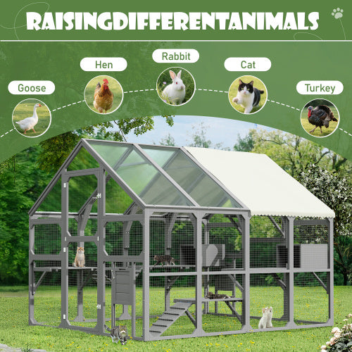 Large Catio Outdoor Cat Enclosure For Multiple Kittens, Wooden Cat House With 5 Platforms, 2 Resting Boxes, 1 Bridge And 1 Ramp, Walk In Kitty Cage Kennel With Sunshine Board Roof, Gray