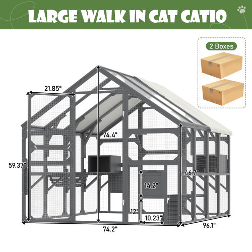 Large Catio Outdoor Cat Enclosure For Multiple Kittens, Wooden Cat House With 5 Platforms, 2 Resting Boxes, 1 Bridge And 1 Ramp, Walk In Kitty Cage Kennel With Sunshine Board Roof, Gray