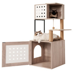 Cat Tree With Litter Box Enclosure, Allinone Cat Tower For Indoor Cats With Large Hammock, Bed, Food Station, Scratching Posts, Modern Style Pet Furniture, Gray White