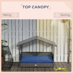 PawHut Wicker Dog House Outdoor With Canopy, Rattan Dog Bed With Water-resistant Cushion, For Small And Medium Dogs, Dark Blue