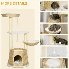 PawHut 47 Cat Tree Kitty Activity Center, Cat Climbing Toy With Cattail Fluff, Bed, Condo, Sisal Scratching Post, And Hanging Ball, Natural