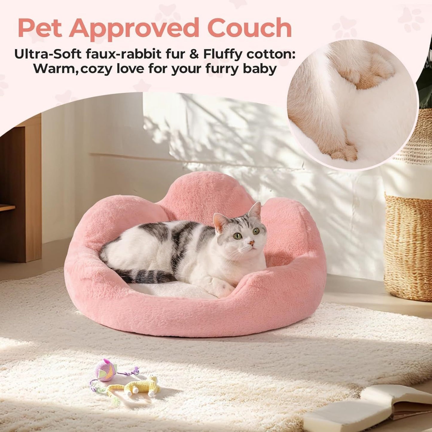 MEWOOFUN Fluffy Cat Couch Bed - Washable Round Pet Sofa With Non-Slip Bottom For Indoor Cats & Small Dogs 23'', Pink