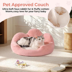 MEWOOFUN Fluffy Cat Couch Bed - Washable Round Pet Sofa With Non-Slip Bottom For Indoor Cats & Small Dogs 23'', Pink
