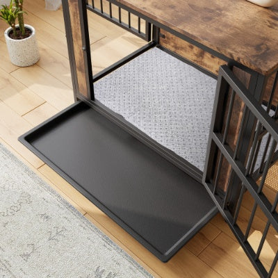 Dog Crate Furniture  Wooden Dog Crate Table 32.8 Dog Kennel With 2 Sliding Doors And Thick Iron Door Frame  Decorative Pet Crate House For Medium Small Dog Indoor Use Rustic Brown