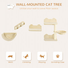 PawHut Cat Wall Shelves, 4 Pcs Cat Wall Furniture Cat Climbing Shelf With Cat Hammock, 3 Steps, Perches, Scratching Post, For Sleeping, Playing, Beige