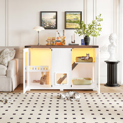 47.25 Large Cat Litter Box Enclosure With LED Light, Hidden Litter Box Furniture, Cat House With Stairs And Cat Scratching Post, Cat Cabinet Side Table With Smart Doors For Living Room, White