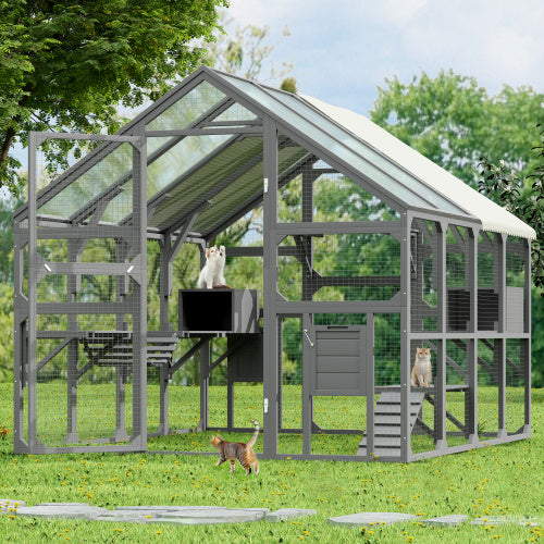 Large Catio Outdoor Cat Enclosure For Multiple Kittens, Wooden Cat House With 5 Platforms, 2 Resting Boxes, 1 Bridge And 1 Ramp, Walk In Kitty Cage Kennel With Sunshine Board Roof, Gray