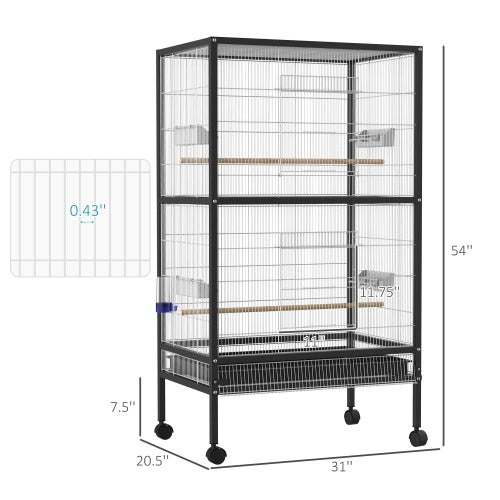 PawHut 54 Extra Large Portable Rolling Iron Aviary Flight Bird Cage And Accessories