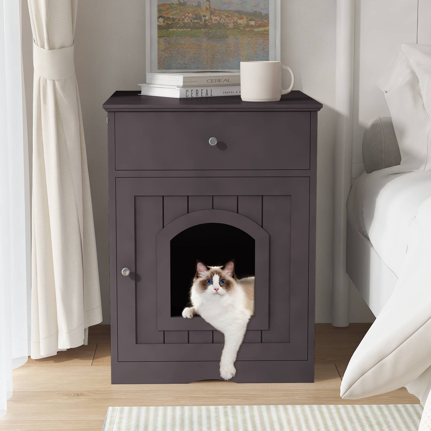 Wooden Pet House Cat Litter Box Enclosure With Drawer, Side Table Indoor Pet Crate